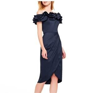 Aidan Mattox Navy Blue Off the Shoulder Ruffled Midi Dress Size 8